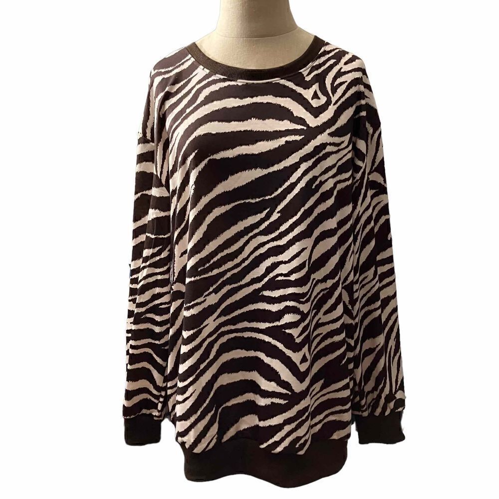 Women’s Zebra Print Oversized Sweatshirt Brown Cream Crewneck Pullover